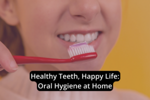 Woman holding a toothbrush near her mouth, promoting healthy teeth through oral hygiene.