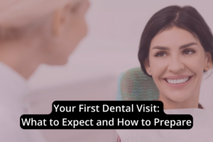 A smiling woman interacts with a dentist, accompanied by tips on how to prepare for a first dental visit.