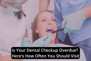 A woman receiving an overdue dental examination from two dental professionals.