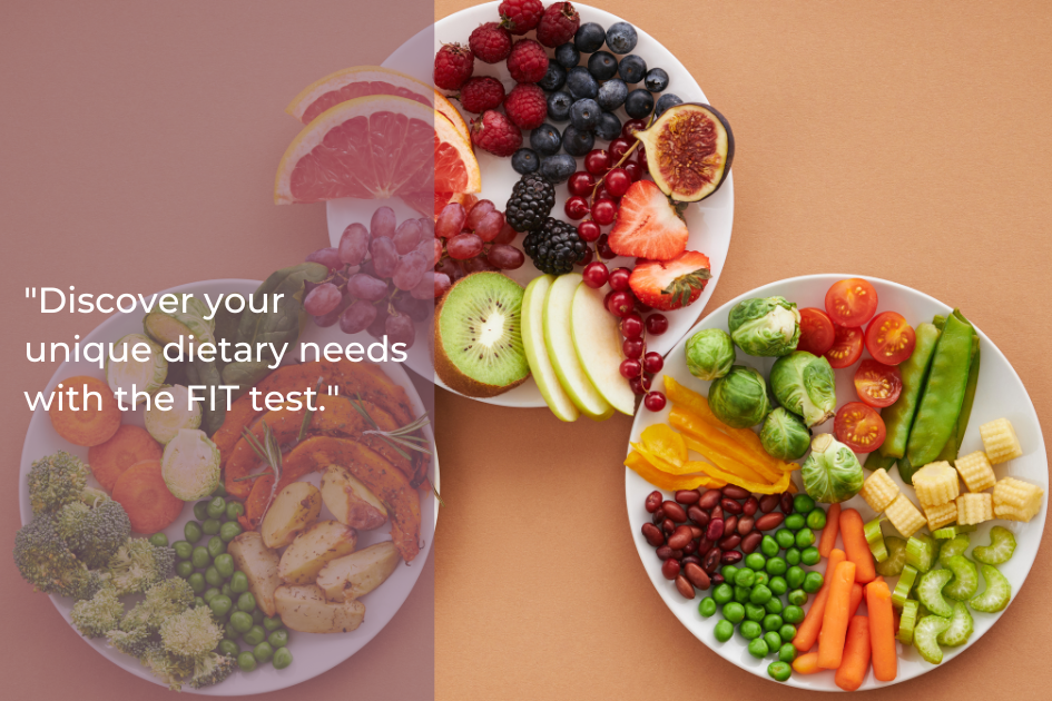 Two plates of assorted fruits and vegetables, including berries, kiwi, tomatoes, and broccoli, on a tan surface. Quote on the left reads: "Discover your unique dietary needs with the FIT Test for optimal gut health.