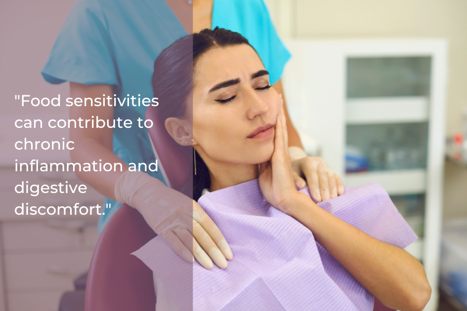 A woman in the dental chair touches her cheek with concern, as a hygienist stands behind her. Text on the left: "Inflammatory tests reveal how food sensitivities may contribute to chronic inflammation and digestive discomfort.