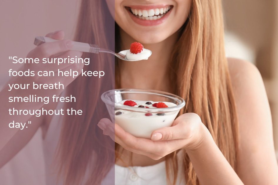 Woman eating yogurt with berries, holding a spoon and a cup. Text reads, "Discover the ultimate guide to surprising foods that help keep your breath smelling fresh throughout the day.