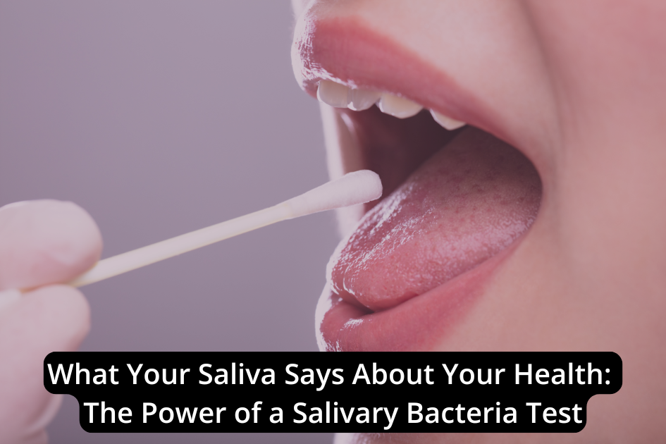 A person opens their mouth while a gloved hand holds a cotton swab nearby, ready for the salivary bacteria test. Text overlay highlights the health implications and insights gained from assessing saliva health.